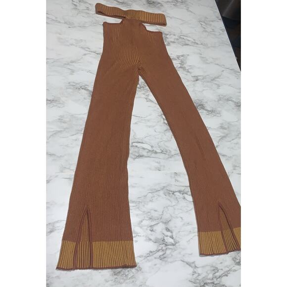 LES FRIDAY Ribbed Knit Waist Cut Out Bell Bottom Slit Pants Brown XS Stretch - Picture 1 of 10